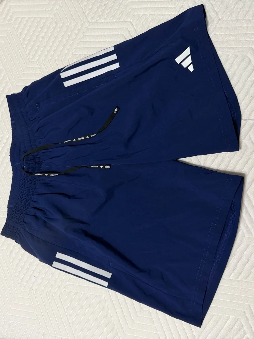 Adidas Men's Navy Athletic Running Shorts with White Stripes